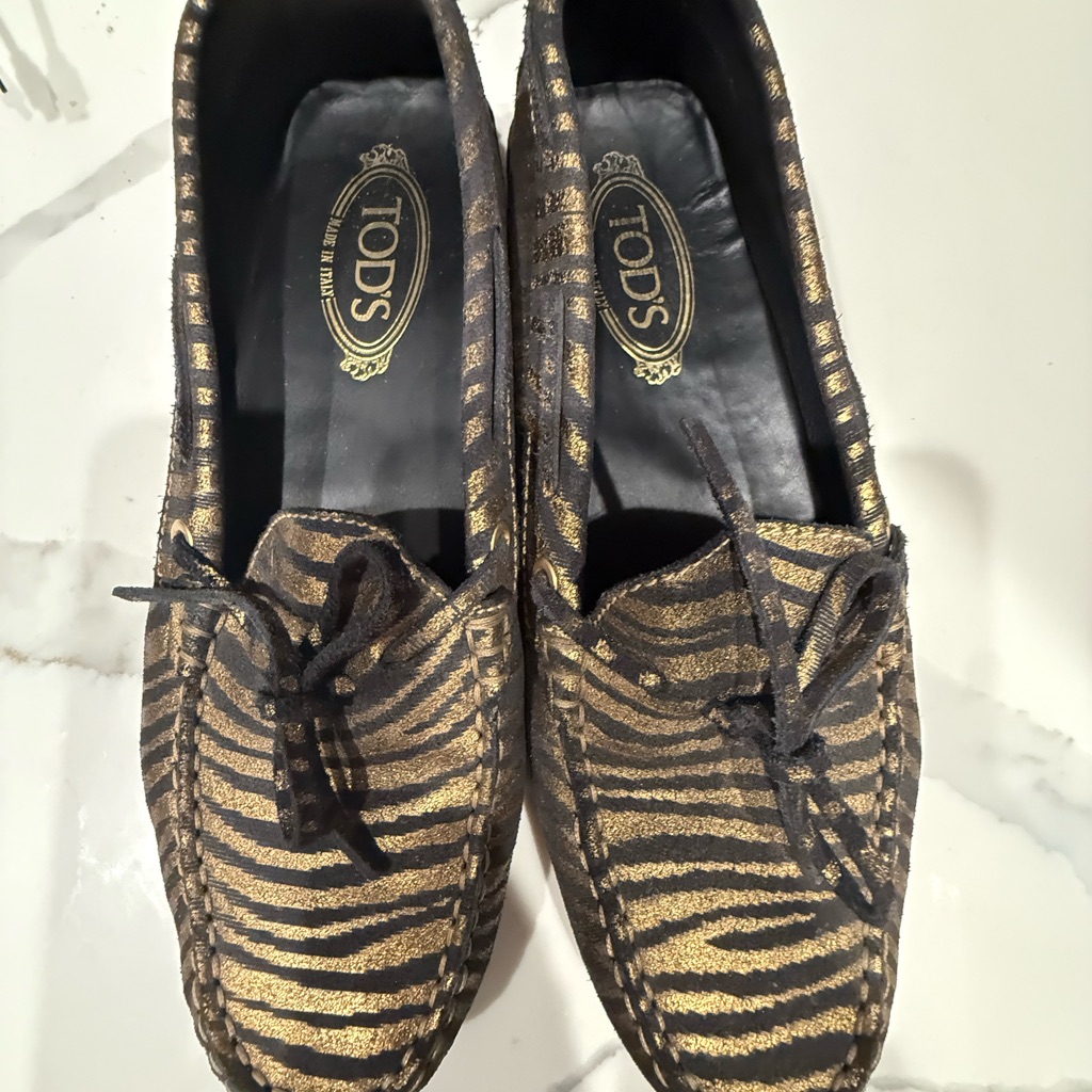 Tod's Zebra Pattern Gold And Black Loafers